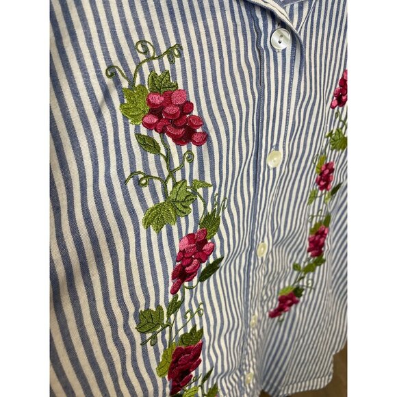 Vintage 90s BonWorth Blue White Vertical Stripe Flower Embroidered Top Sz MP - Picture 4 of 10